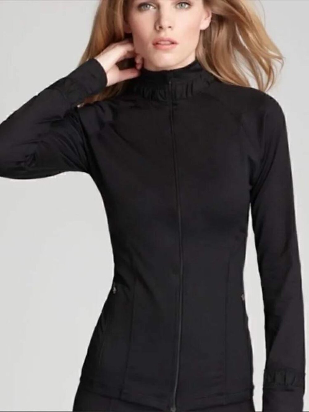Spanx Contour Jacket M Black Ruffle Trim Athleisure Shaping Full Zip Thumbholes